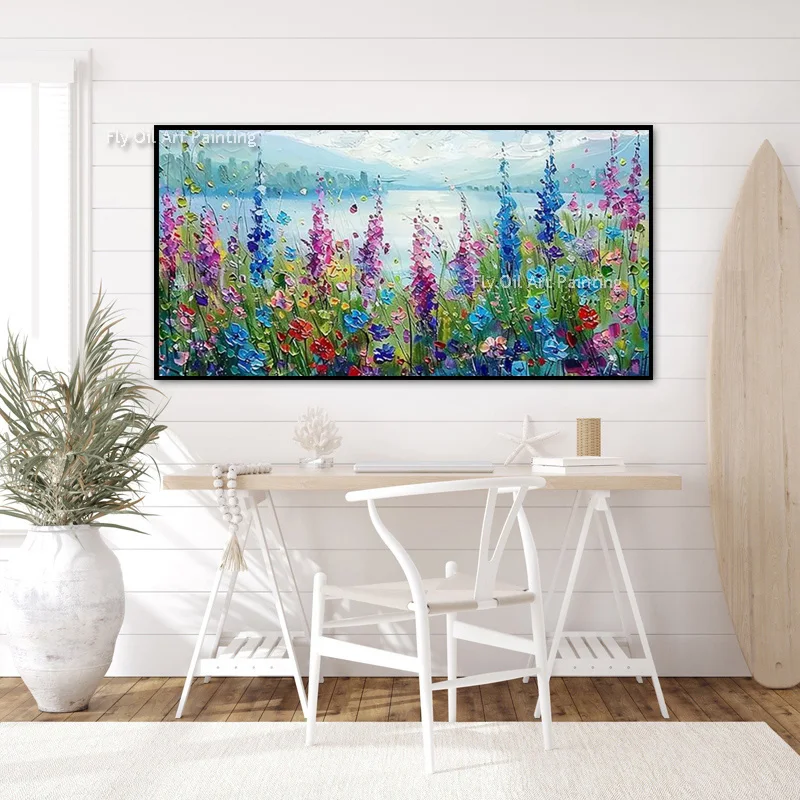 Blue Pink Purple Flowers Field Wall Art On Canvas Handmade Original Design Blooming Florals Landscape Oil Painting For Home Deco