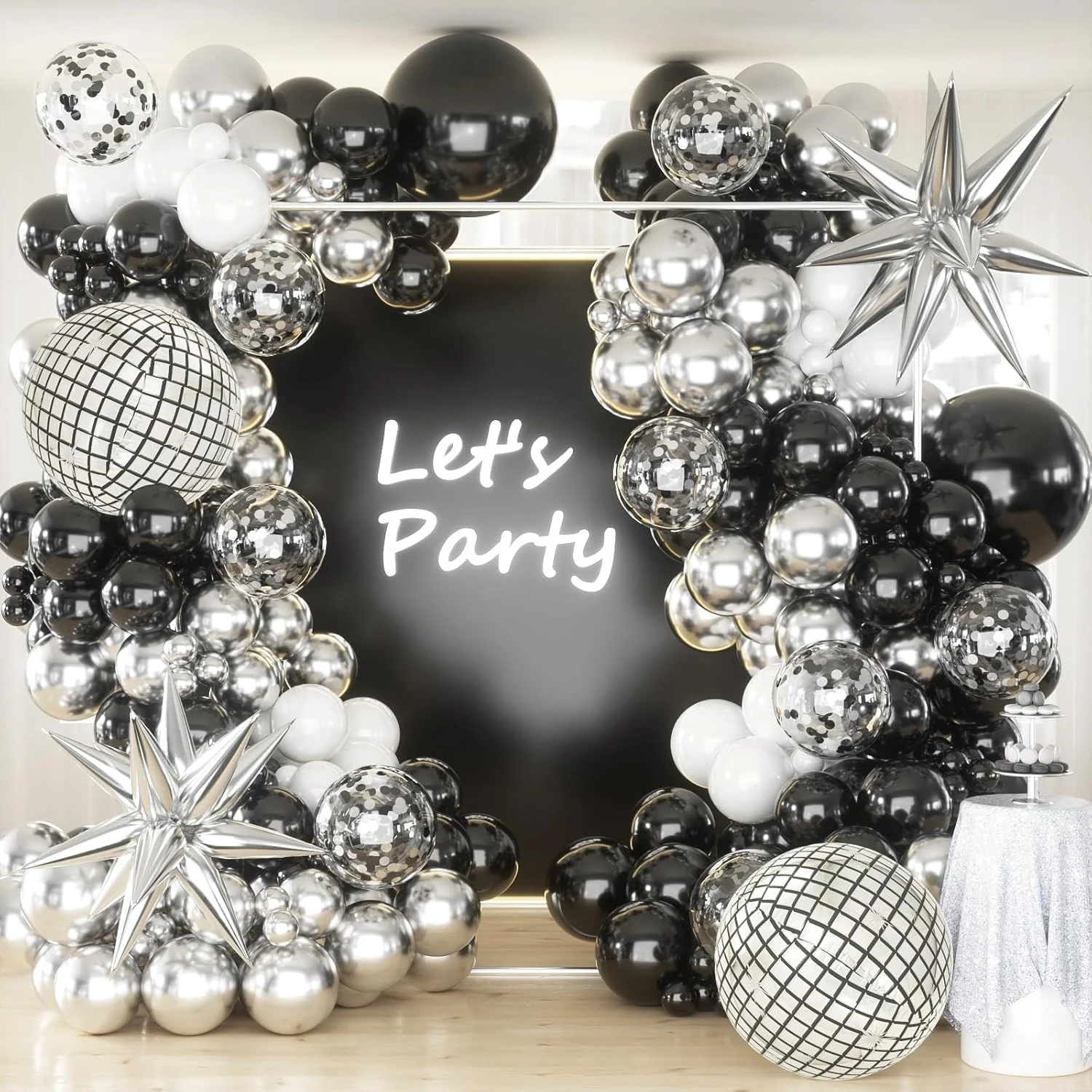 135 Stück Silber Schwarz Weiß Ballongirlande Discokugel Ballons Bogen für Geburtstagsparty-Dekorationen Neujahrsparty-Dekorationen