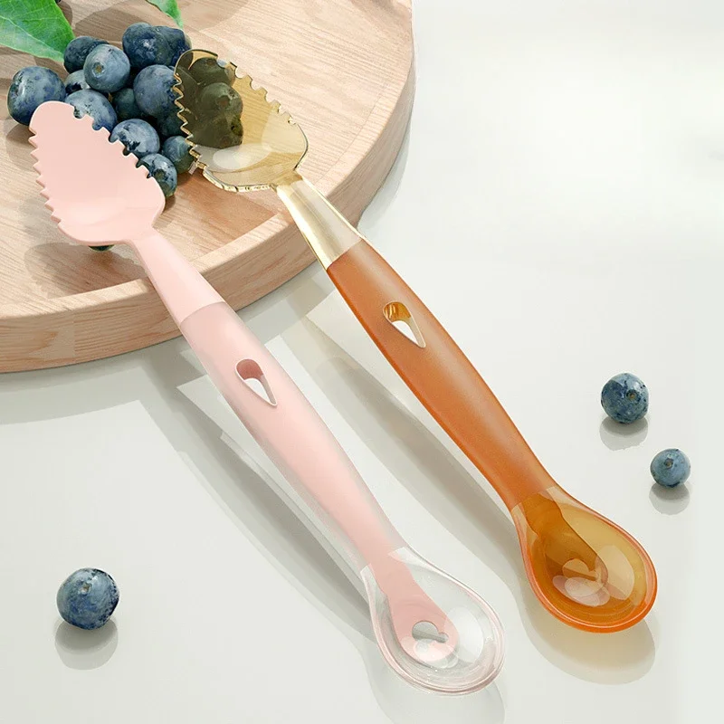 Raspador quatro em um para frutas de bebê e alimentos complementares, raspador plástico de cabeça dupla para purê de frutas, colher de silicone macio