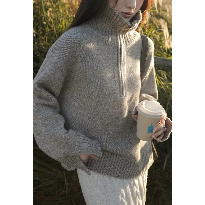 

Half-open zipper high-neck cuffs slit 100 cashmere knitted sweater, loose wool thickened sweater for women