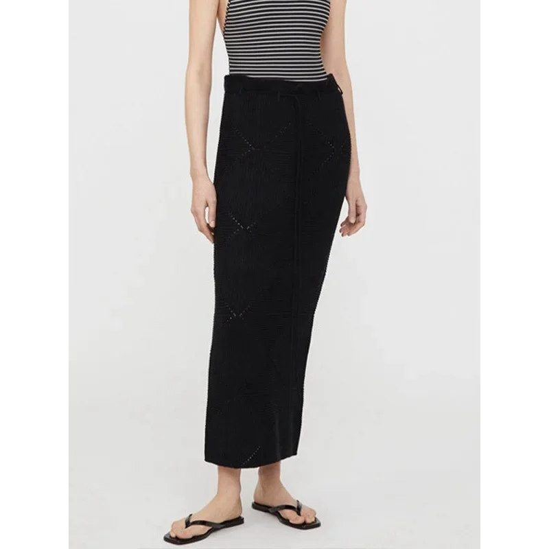 Pop TT New Nicheknit Women's High-Waisted Diamond Pattern Belted Skirt Spring Autumn 2024 Style One-Step Skirt