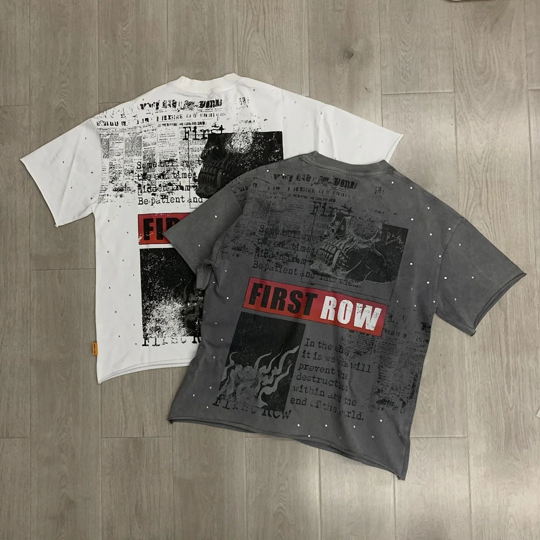 26ss FIRST ROW BREAKING NEWS BURNING FLAMES CROPPED Printed Women Men Diamonds Patched T shirts tees Oversized Cotton T shirt