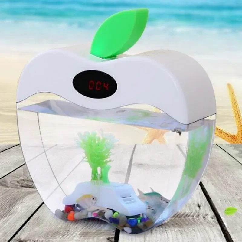 1 PC Apple-Shaped Desktop Aquarium 2200ml Small Fish Tank with Filter, LED Light, and Decorations for Home and Office Aquarium