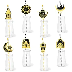 8pcs/lot Gold Black Eid Mubarak Iridescent Drinking Paper Straws Cake Topper Ramadan Kareen Mosque Moon Party Decoration DIY New