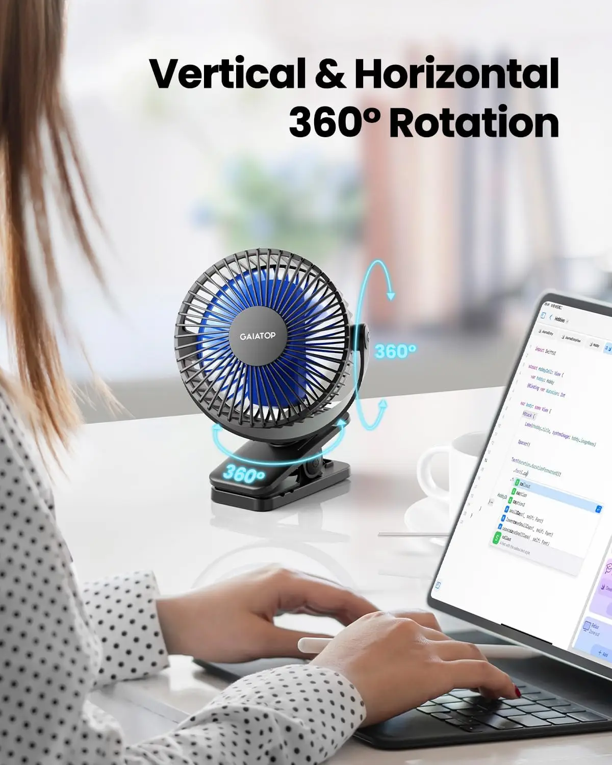 Portable Car Clip On Fan Battery Operated, Small Powerful 3 Speed Quiet 360° Rotate, USB Rechargeable Mini Personal Cooling