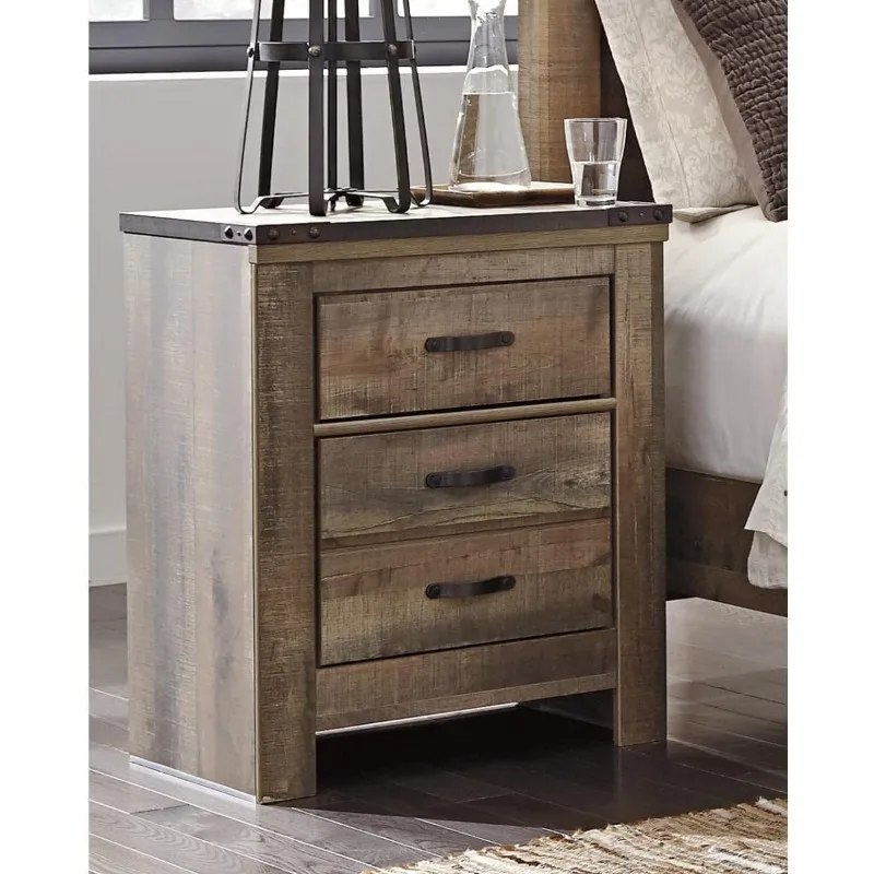 Trinell Rustic 2 Drawer Nightstand with USB Charging Stations, Warm Brown