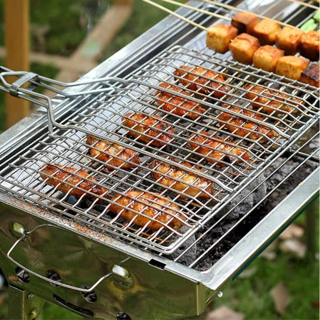 Stainless Steel Barbecue Mesh Clip,heat-resistant Wooden Handle,outdoor Barbecue,grilled Fish,grilled Vegetables,non Stick Board