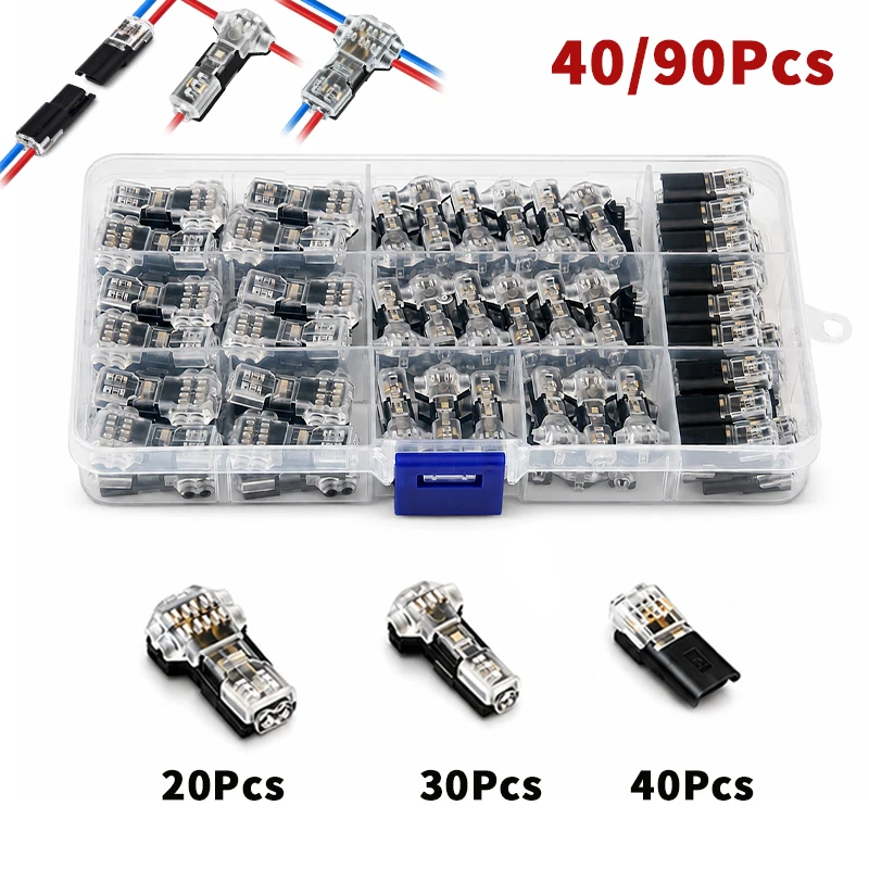 90PCS Electrical Wire Connector Assortment 1/2/3 Pin No Strip Inline and T Tap Splice for LED Strip Low Voltage Wiring