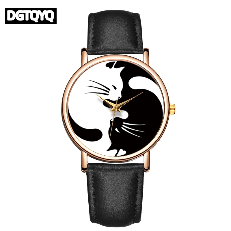 Fashion Personalized Cartoon Comic Cat Drawing Quartz Watch for Girl Simple PU Leather Casual Wristwatch Clock Reloj Para Mujer