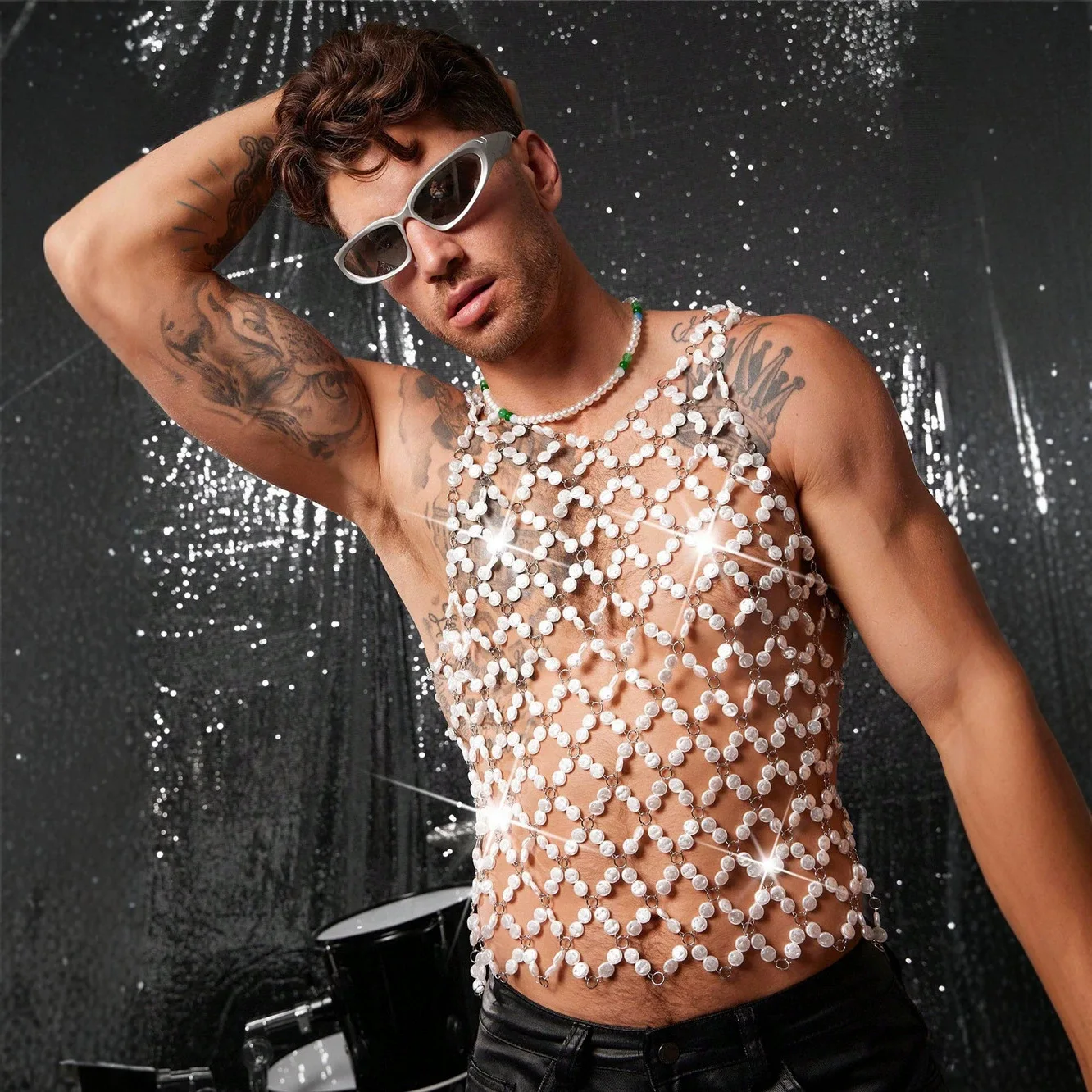Men's Hollow Out Mesh Pearl Vest Sexy Sheer Top Nightclub Stage Performance Wear Rave Party Form-Fitting Beaded Crop Pearl Top