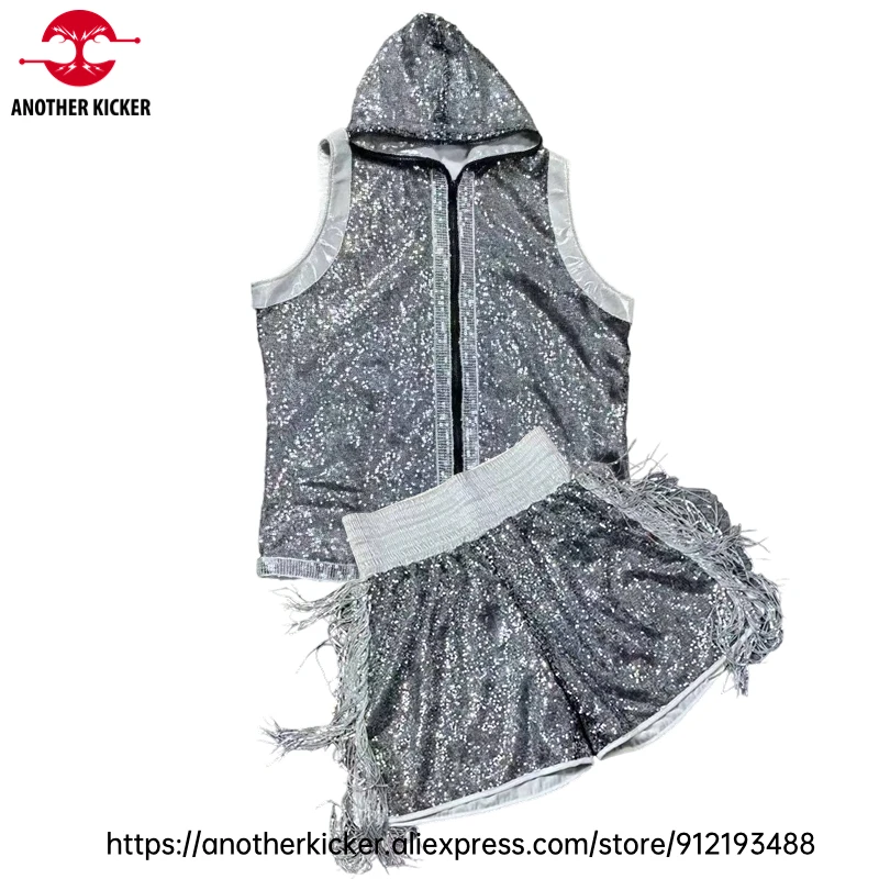 Boxing Robe & Shorts Set Sleeveless Hooded Boxing Gown Fringe Sequin Muay Thai Shorts Stylish Gear for MMA Training Performances