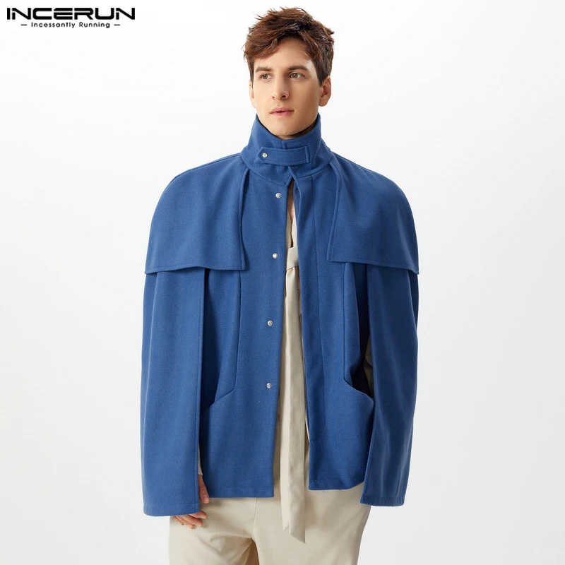 INCERUN 2024 Men's Clothing High Neck Metal Buckle Ruffle Trench Casual City Walk Male Solid Loose Long Sleeved Cape Coat S-5XL