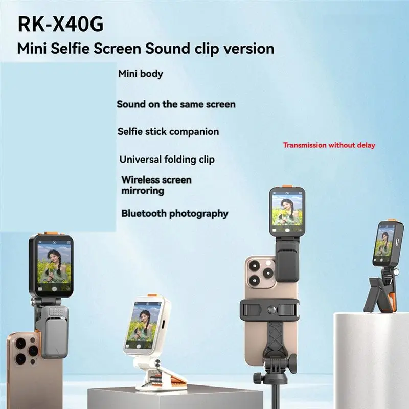 B76B RK-X40G Wireless Selfie Monitor for & Android Bluetooth Focus Adjustment Vlogging Clip Black