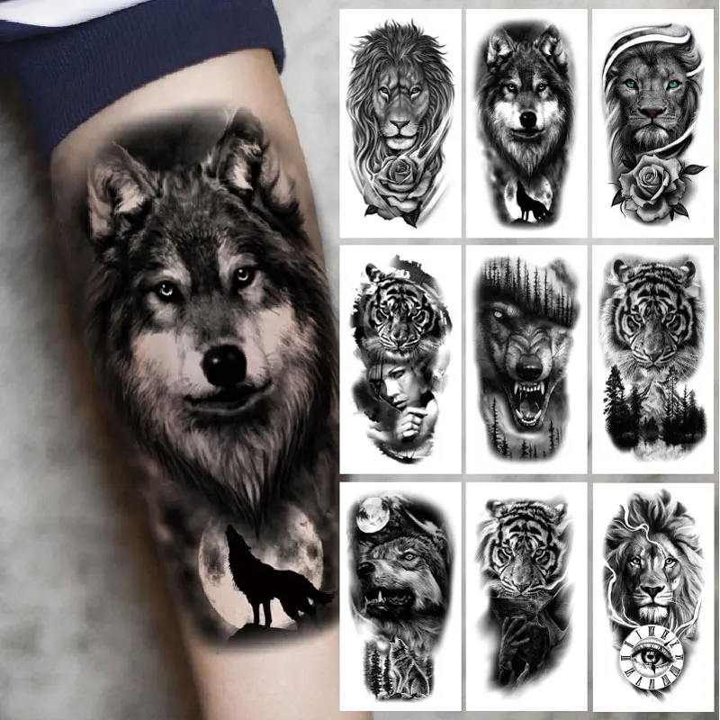 

Black Forest Tattoo Sticker for Men Women Tiger Wolf Death Skull Temporary Tattoo Fake Henna Skeleton King Animal Tatoo Pattern
