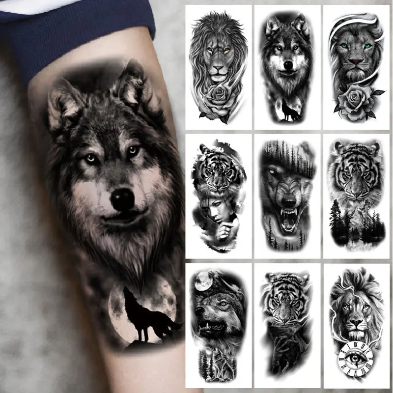 Black Forest Tattoo Sticker for Men Women Tiger Wolf Death Skull Temporary Tattoo Fake Henna Skeleton King Animal Tatoo Pattern