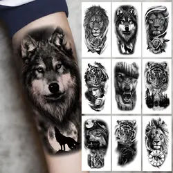 Zwart Bos Tattoo Sticker Voor Mannen Vrouwen Tiger Wolf Death Skull Tijdelijke Tattoo Nep Henna Skeleton Koning Dier Tatoo Patroon