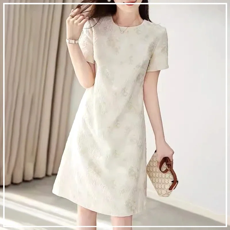 

2024 New Summer Fashion China-Chic New Chinese High End Elegant Round Neck Jacquard Casual Versatile Short Sleeve Dress B820