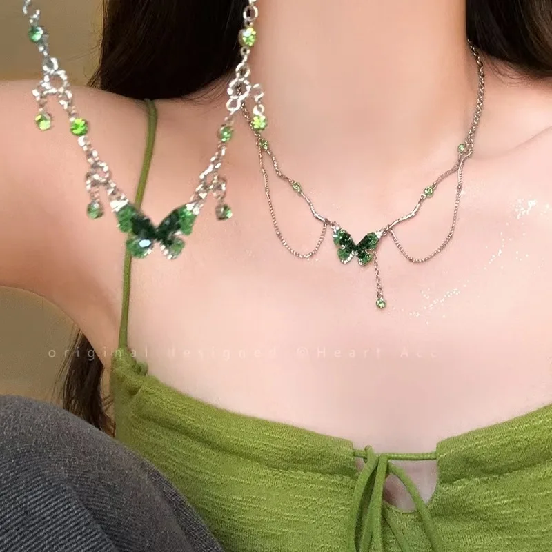 

KADRUFI Y2K Kpop Green Crystal Butterfly Tassel Choker Necklace for Women Korean Fashion INS Fairy Girls Metal Chain Necklace