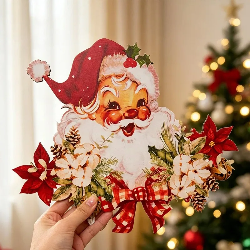 Wooden Christmas Door Hanger Santa Claus Rustic Farmhouse Sign with Cotton Pine Bells Pre Installed Hemp Rope Party Wall Decor