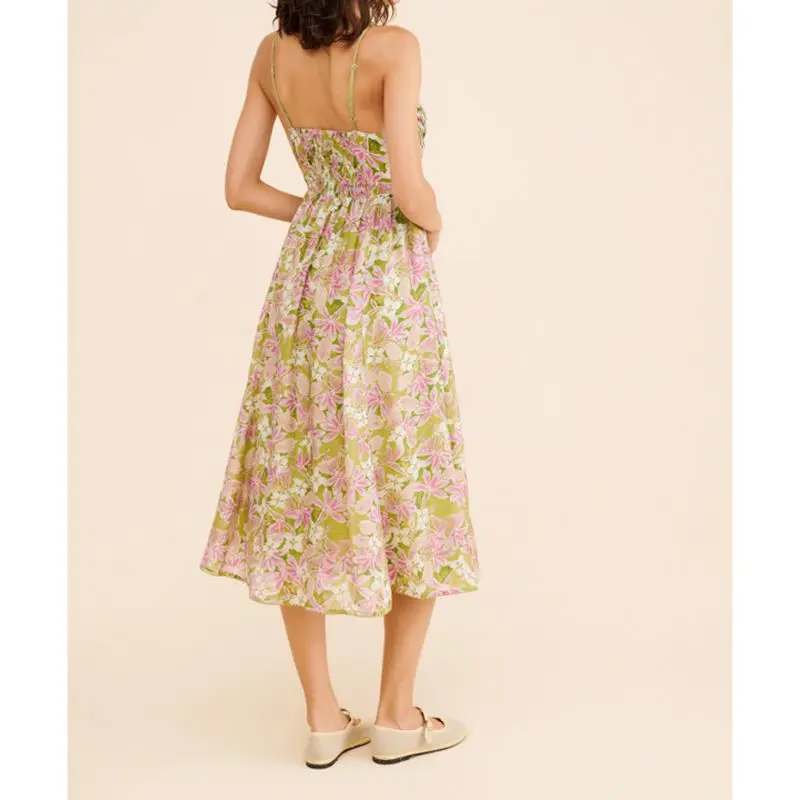 Combhasaki Abito lungo da donna senza maniche con spalline regolabili, pieghe floreali, con fiocco, scollo a V, smock, senza schienale, a trapezio