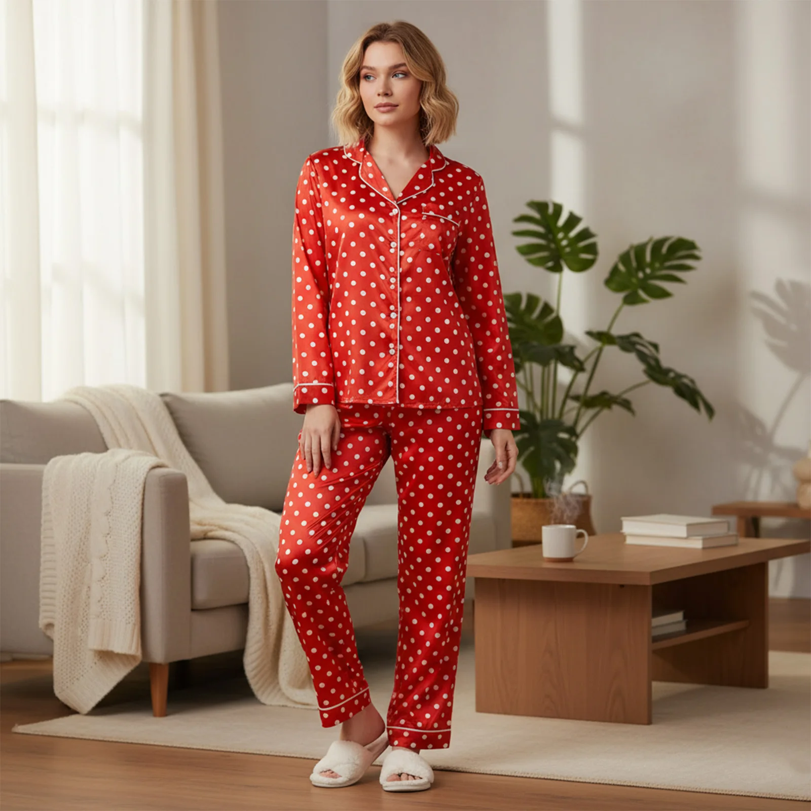 أطقم بيجامات نسائية مكونة من قطعتين 2025 بأكمام طويلة وأزرار سفلية منقط مع بنطال مرن برباط ملابس نوم من الساتان للخريف #2