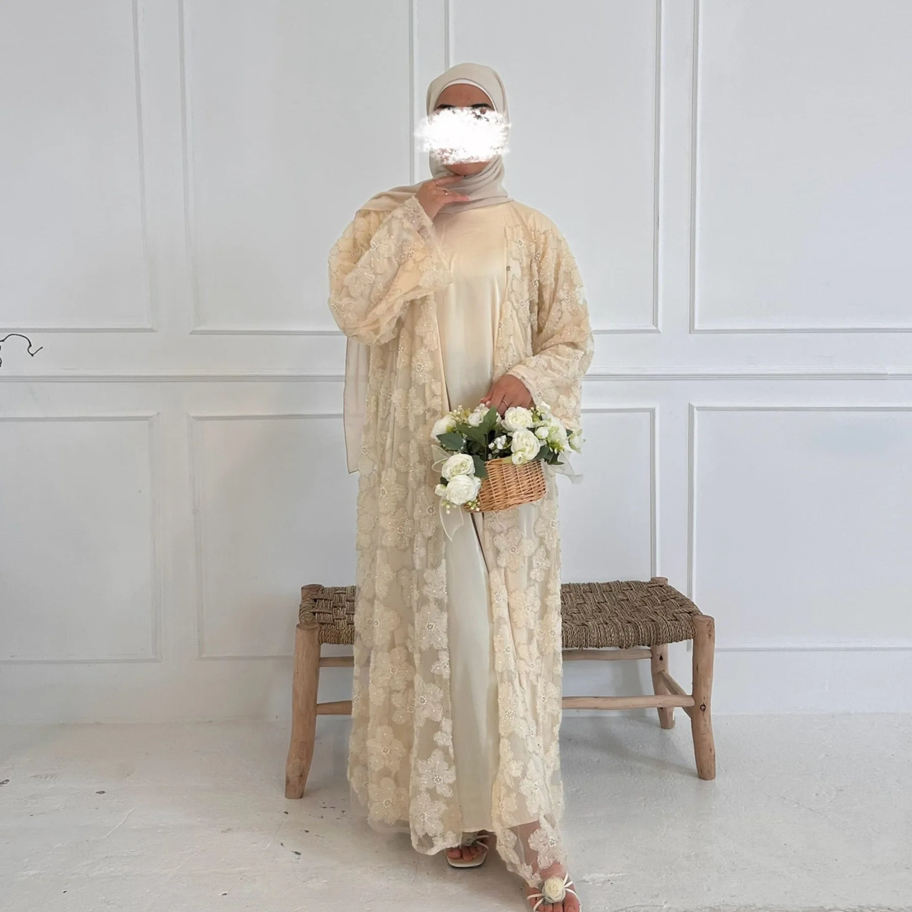 Eid Djellaba Abito musulmano Perline Fiore Abaya per le donne Ramadan Abbigliamento islamico Dubai Kimono aperto Turchia Caftano Jalabiya Robe