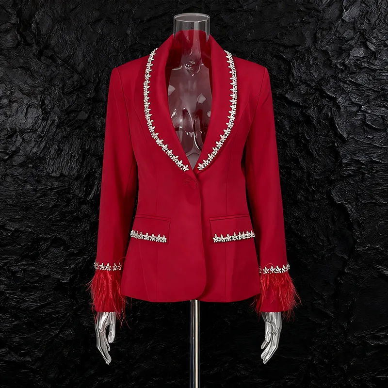Diamond-studded Lapel Blazer Jackets Black Single Button Suit Coats Slim Feather Decoration Cuff Luxury Elegant Ladies Overcoats