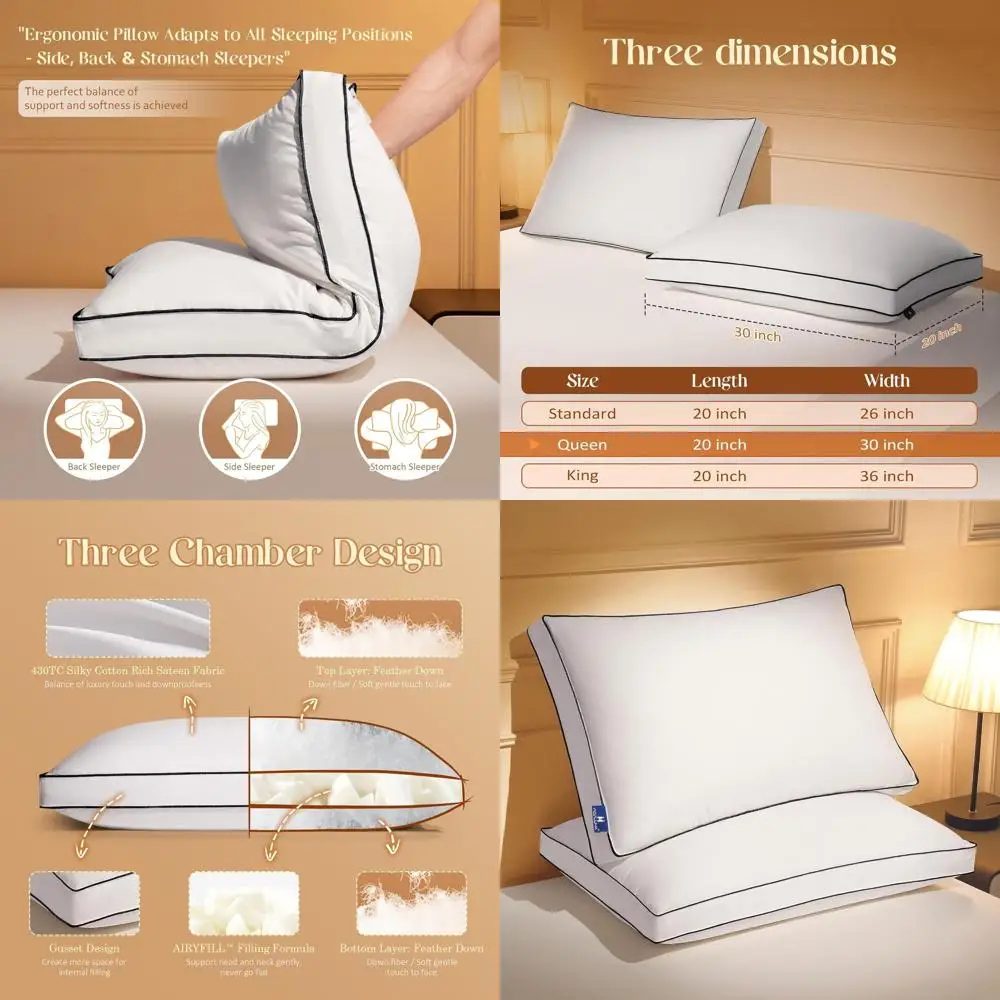 

Роскошный комплект подушек Queen Size с перьями на пуху, 2 шт., с ластовицей для комфорта, идеально подходит для сна по бокам и сзади, 20x30 дюймов