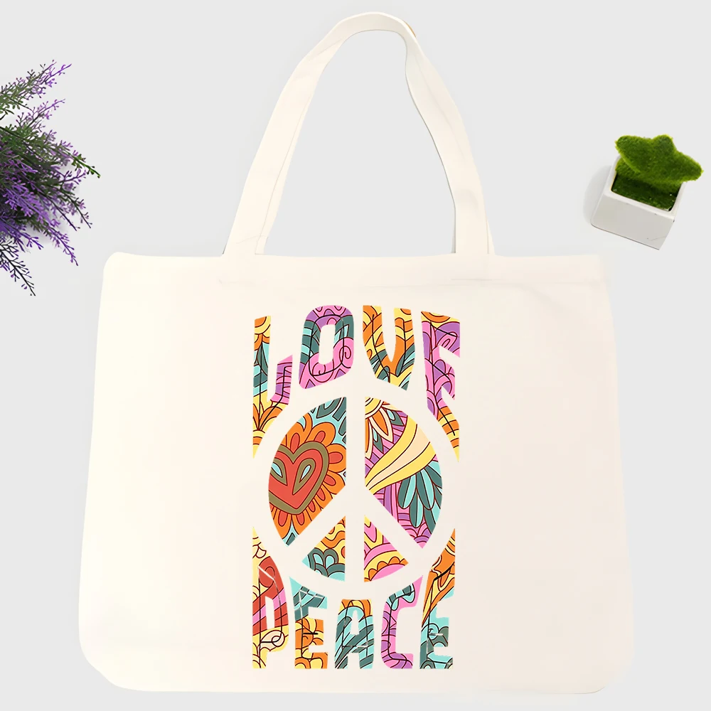Men's peace sign and letter print canvas tote bag with colorful abstract design, ideal for casual daily use and weekend outings