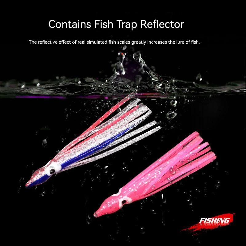 PRO BEROS 5Pcs Soft Luminous Octopus Skirts Lures Silicone Tuna Trolling Skirted Squid Jigging Sea Fishing Bait 3D Glow Eye Tool