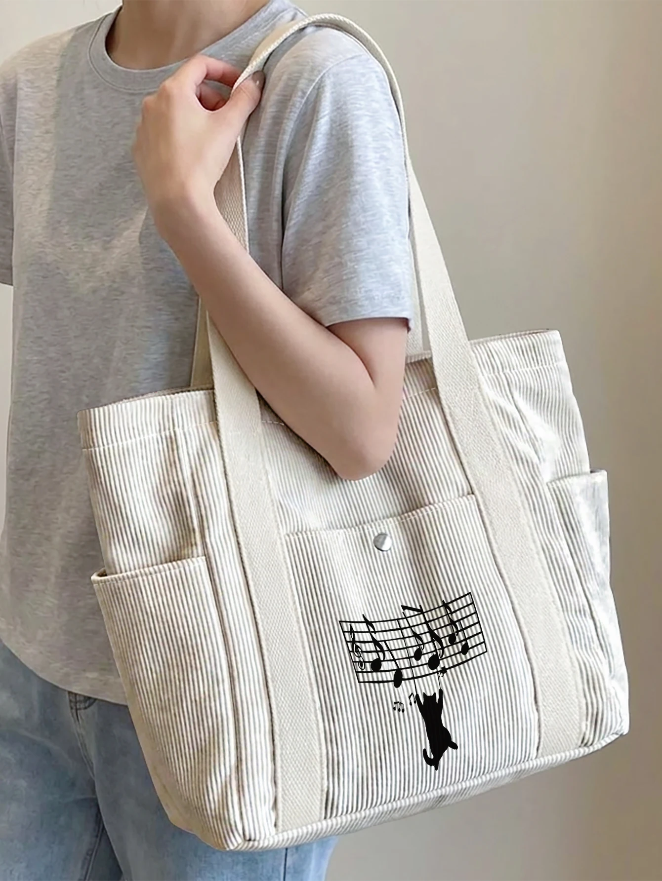 Music Note Black Cat Print Tote Bag, Adjustable Strap Crossbody Handbag With Side Pockets For Shopping Travel Daily Use