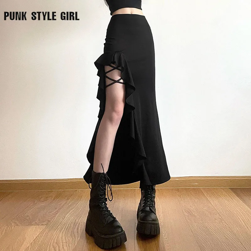 Y2K Gothic Black Sexy Slim Midi Saia Feminina, Ruffles Punk, Saias Dividir Linha A, Harajuku Feminino, Todos os Jogos Streetwear, Moda