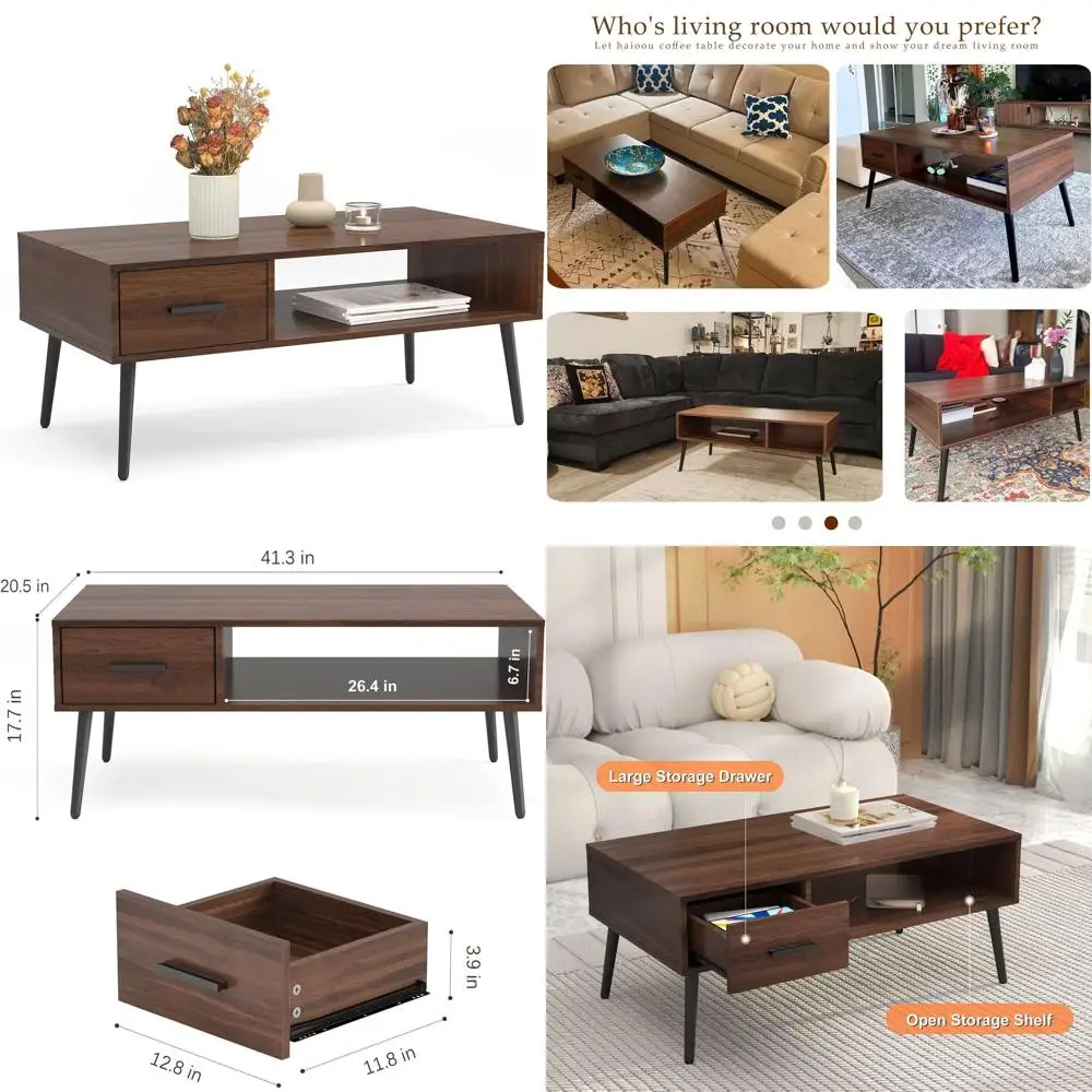 

Walnut Living Room Storage Coffee Table with Open Shelves and Scratch-Resistant Pine Legs
