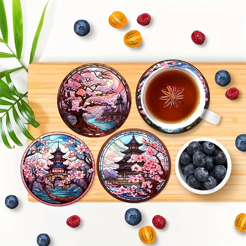 4/6pcs Wooden Coasters Featuring Cherry Blossom Kimono Element Mount Fuji Design Colorful Pattern 2D Coffee Shop Dining Mat Gift