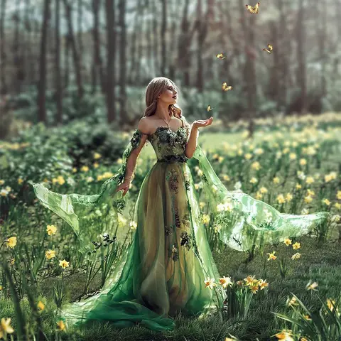 Emerald Green Prom Dress Floral Dress Fashion Women Evening Dress Jungle Fairy Gown Elegant Strapless Floor-Length Party Dress