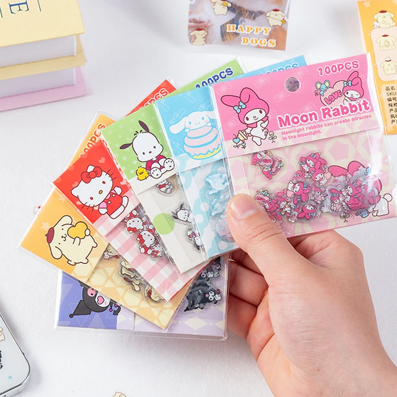 Pochacco Kuromi Kt Cat Melody Sticker para niños, pegatinas impermeables para decoración de cuenta de mano, dibujos animados, Kawaii, regalos, 100, piezas