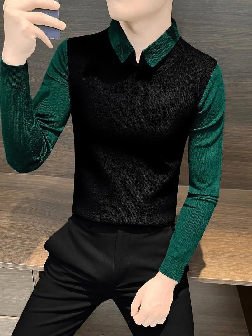

Advanced Contrast Color Splicing Fake Two-Piece Knitwear Men's Autumn Winter Trendy Inner Mature Steady Men's Knitted irt Top