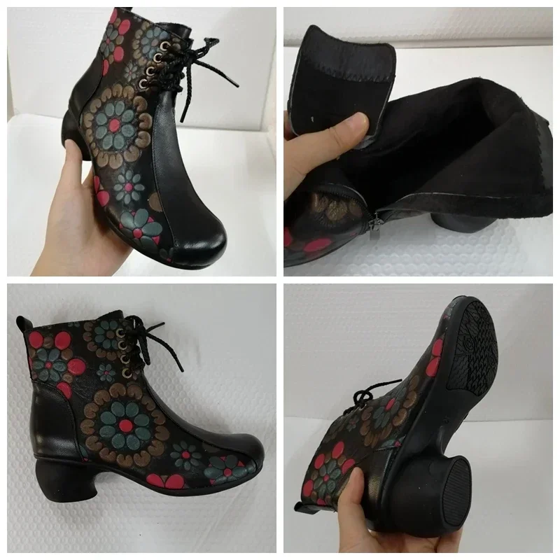 Koznoy buty kobieta zima 2022 4cm Retro etniczny nadruk krowa skórzana pluszowa moda Chunky Heel Autunm Zipper wiązane buty