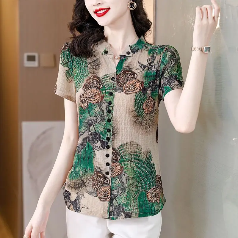 Women\'s Clothing Korean Fashion Vintage Print Elegant Button Up Shirt Summer V Neck Short Sleeve Blouse Cotton Linen Tops Blusas