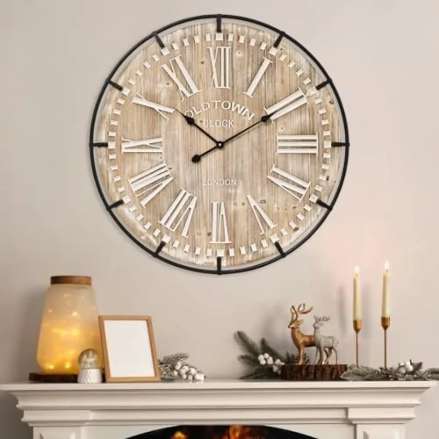 30 Inch Extra Large Wall Clock for Living Room, Kitchen, Office Bedroom - Rustic Wood Metal, Brown Black, Silent Non-Ticking Ba