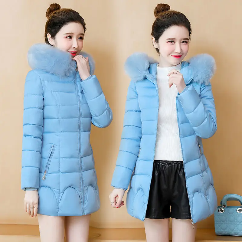 Ladies Winter Coat Women Down Cotton Fur Collar Hooded Jacket Woman Casual Warm Outerwear Jackets Female Girls Clothes 1199