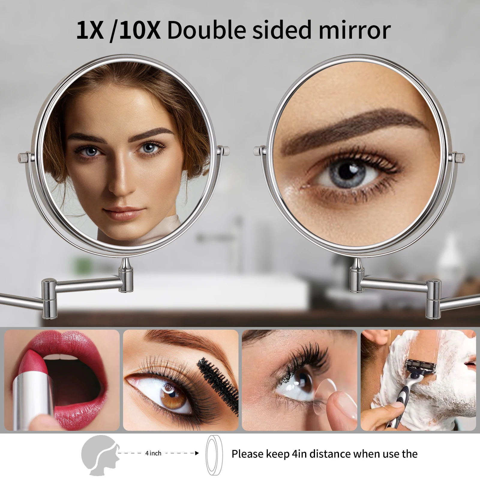 Double-Sided Wall Magnifying Make up Mirror for Bathroom with 10X Magnification, Mountable Shaving Mirror Brushed Nickel Finish