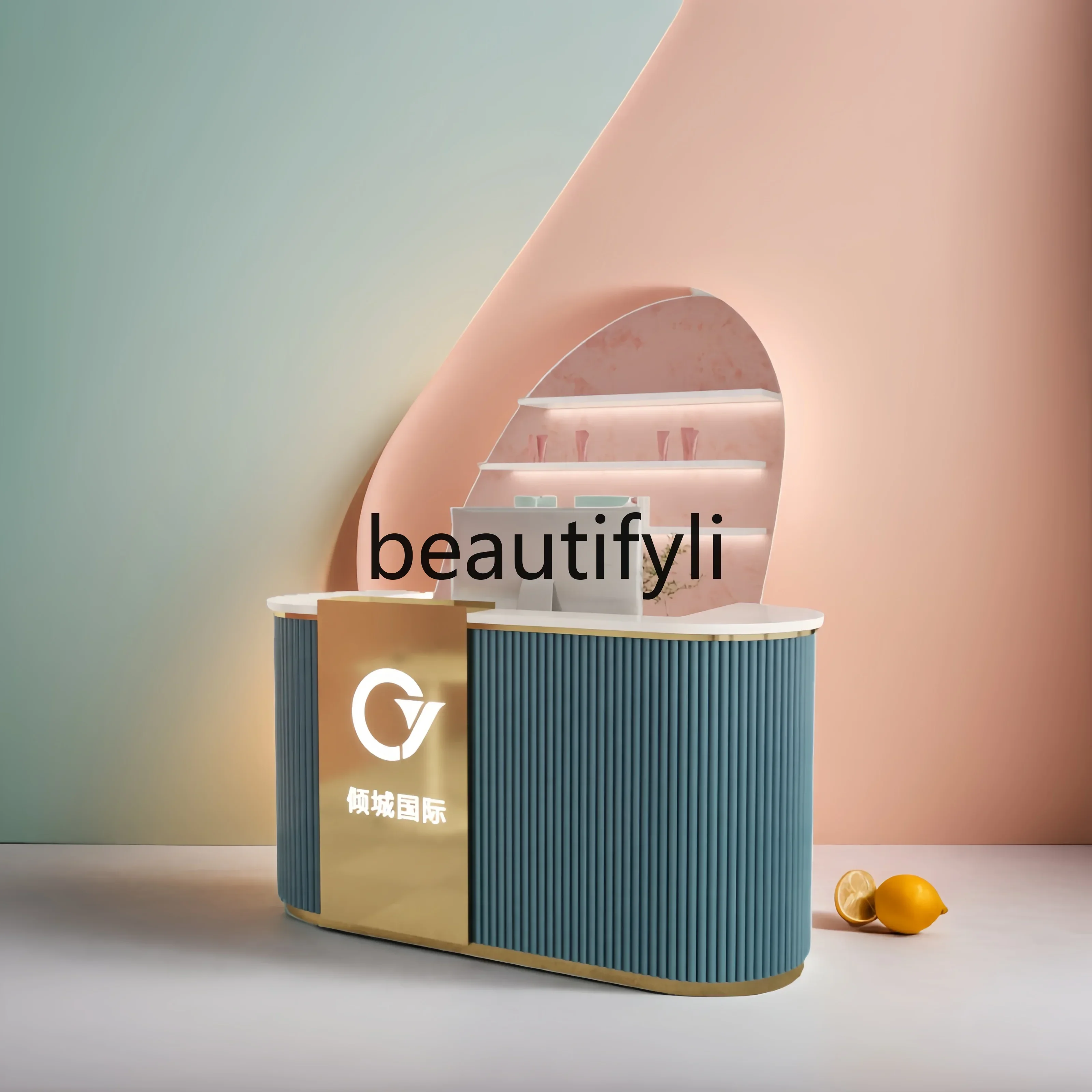 54Beauty salon checkout page Small clothing store checkout page Nail salon, curved reception desk9344