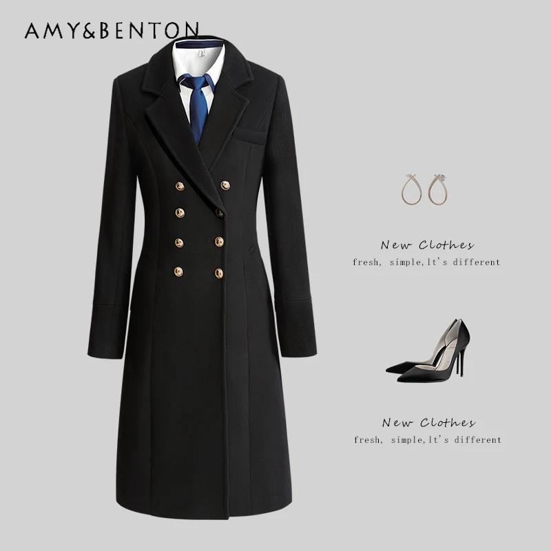 

Fashion Suit Collar Professional Wool Coat Women Slim Double-Breasted Mid-Length Coats Winter New Thickened Warm OL Wool Coat