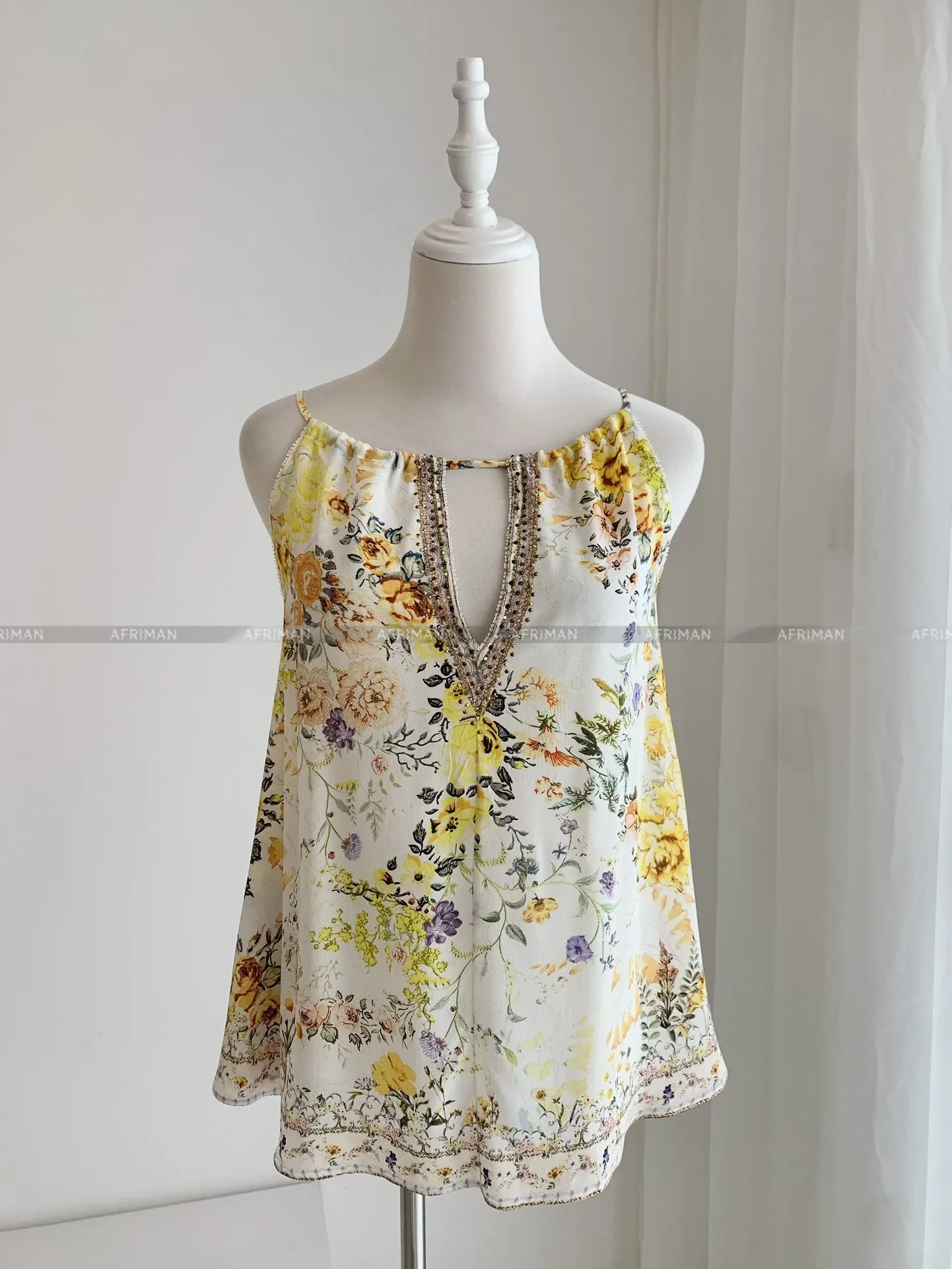 Women New Yellow Flower Print Crystal Beaded Sexy 100% Silk Strapless Camisole