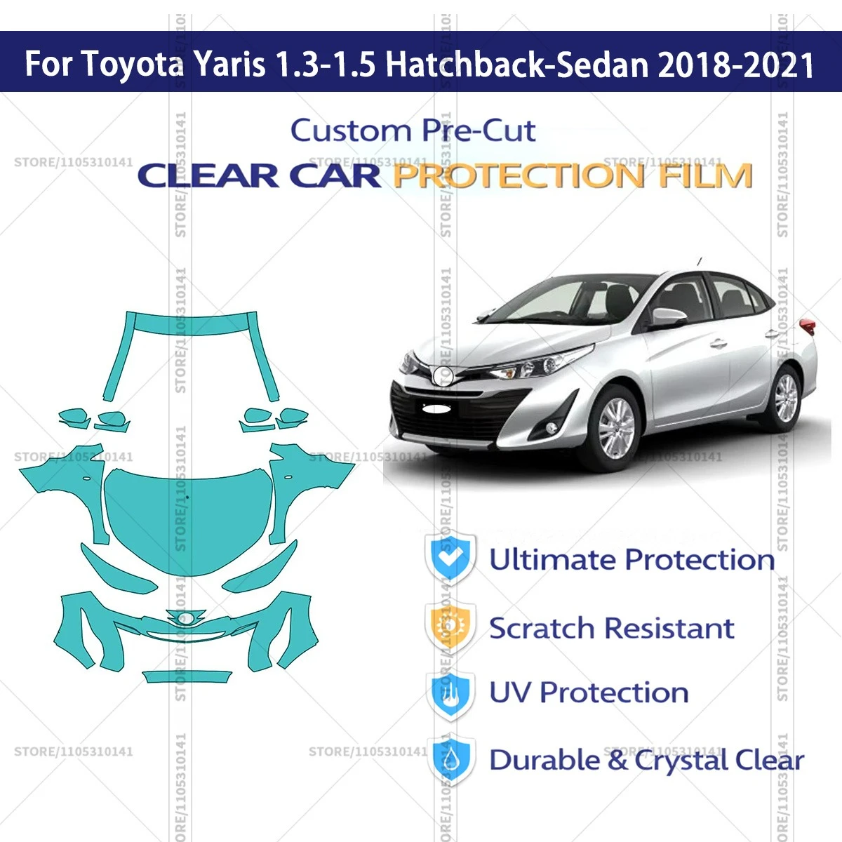 For Toyota Yaris 1.3-1.5 Hatchback-Sedan 2018-2021 Pre-Cut Paint Protection Film PPF Transparent Car Film Automotive PPF