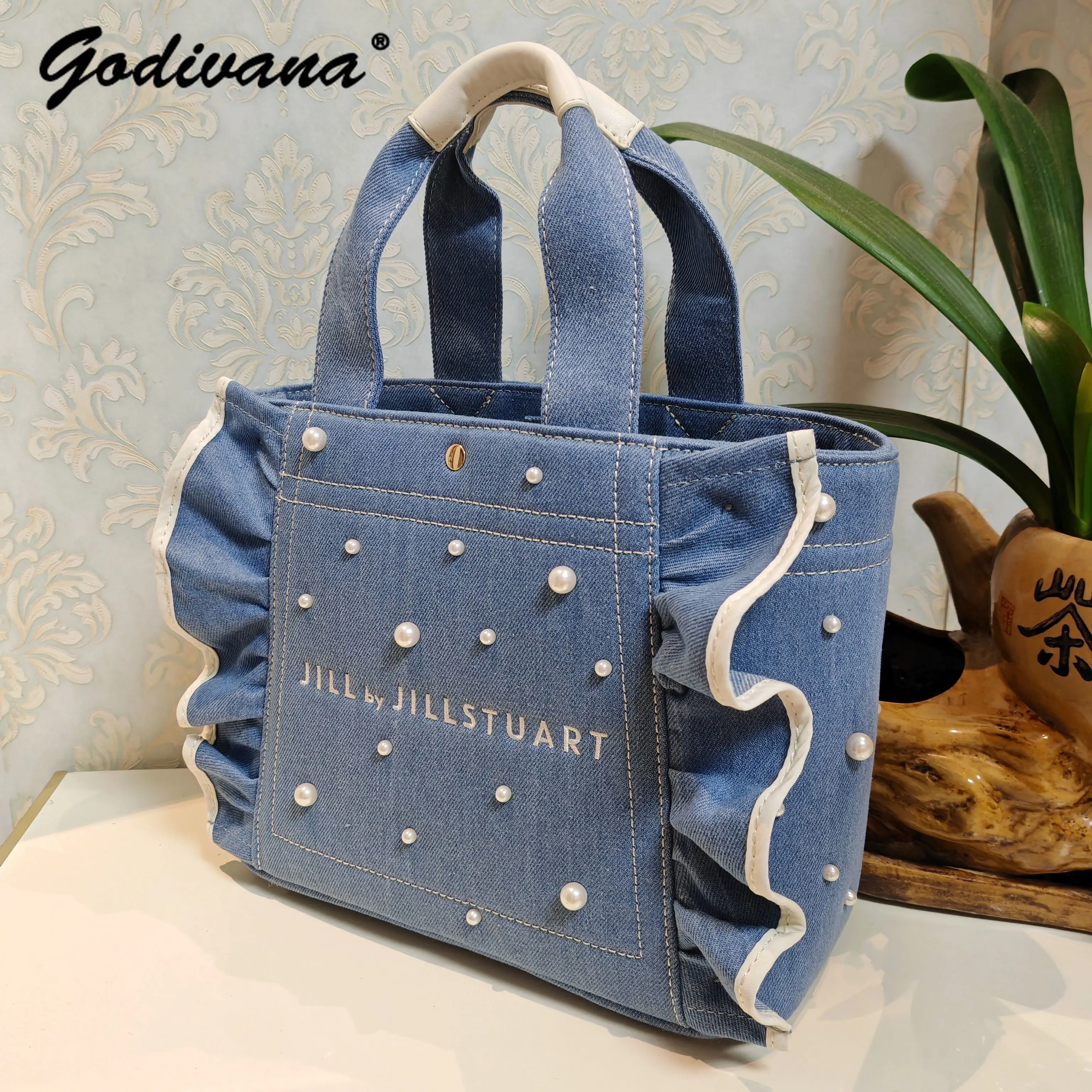 

Japanese Women's Casual Tote Bags Pearl Beaded Denim Ruffle Edge Portable Square Handbags Girls