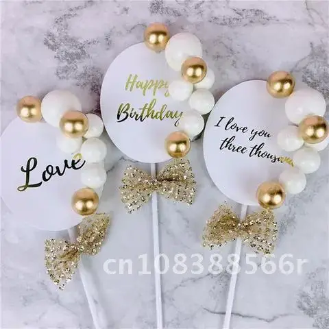

1PC Gold Pearl Cute Happy Birthday Cake Toppers Love Foil Cupcake Toppers for Weddings Birthday Party Cake Decorating Supplies