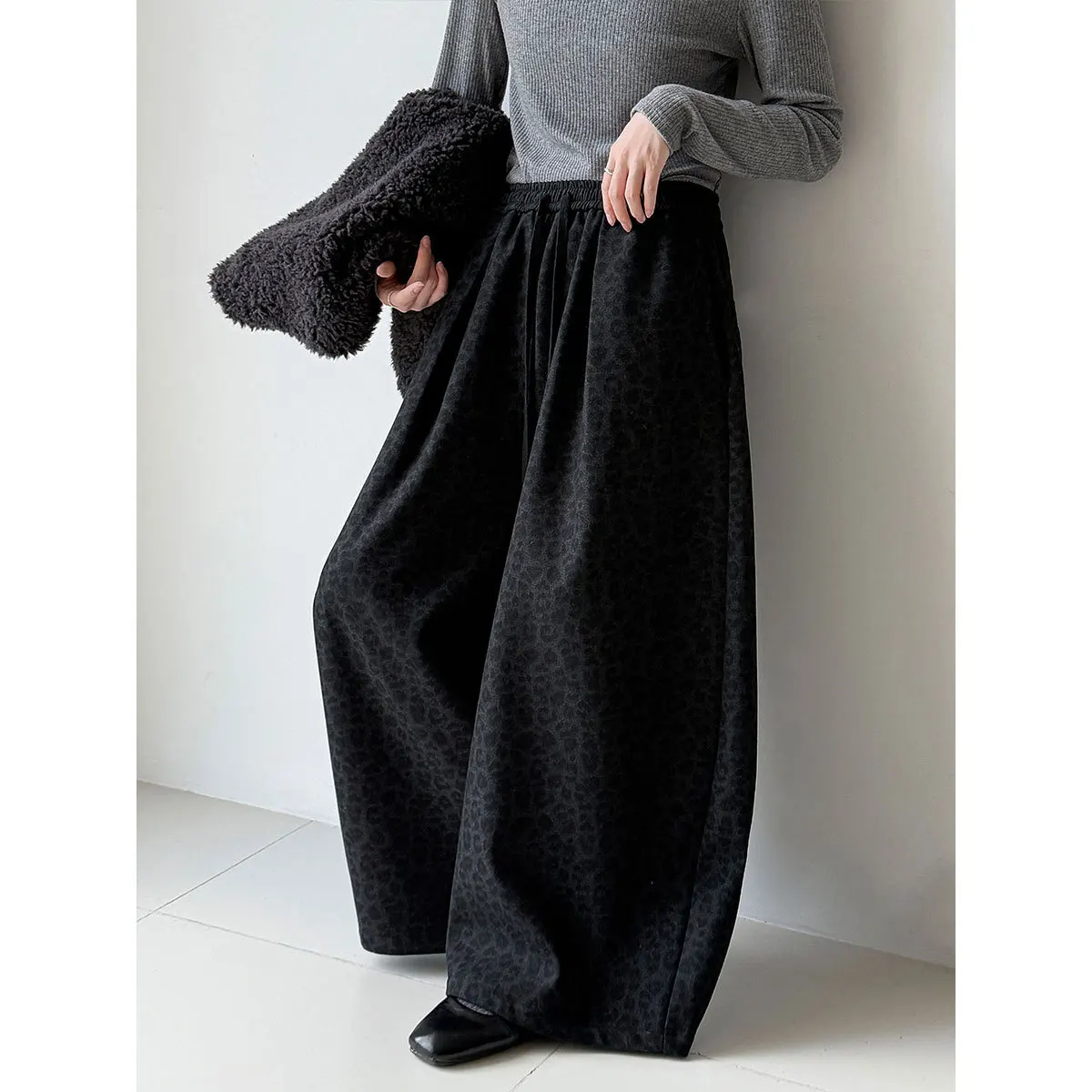 레오파드 프린트 하이웨이스트 와이드 레그 여성용 가을 겨울 두꺼운 기모 캐주얼 롱 팬츠