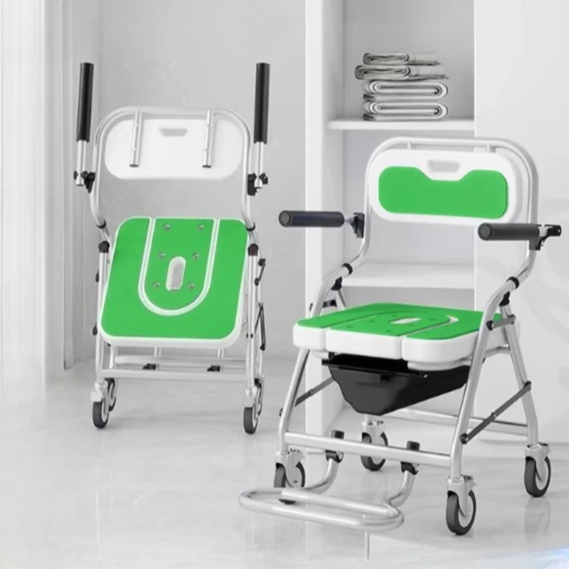 Foldable Bathroom Chair and Mobile Commode Shower Wheelchair for Elderly Handicapped Versatile Bathroom Chair Rotatable Handrail